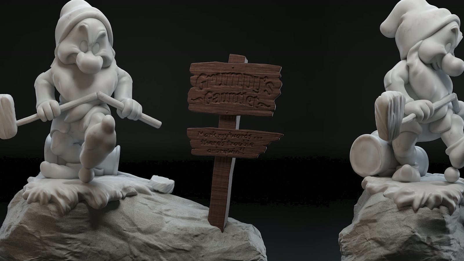 The digital sculpt of Grumpy used to drive the robotic carving
